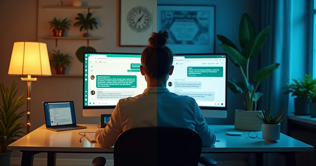 Interface mostrando assistente virtual trabalhando no WhatsApp dia e noite 