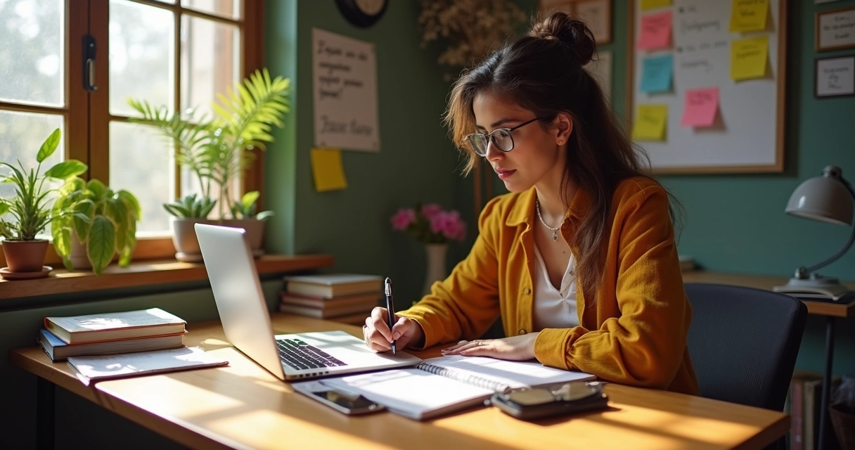 Assistente virtual estudando e anotando em caderno e notebook 