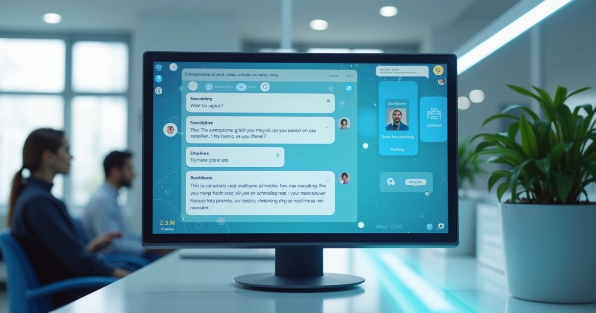 Assistente virtual em tela interagindo com paciente em clínica 