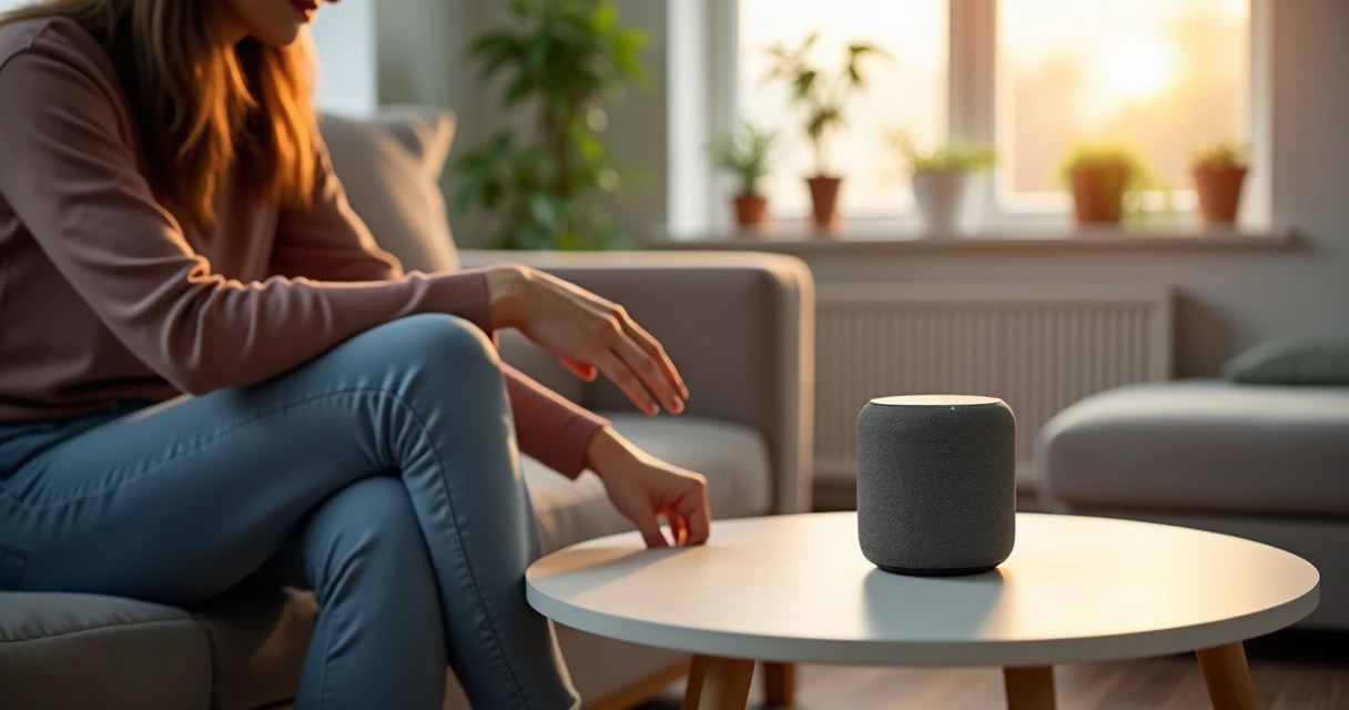 Pessoa utiliza comando de voz para acender luz na sala enquanto trabalha no notebook 