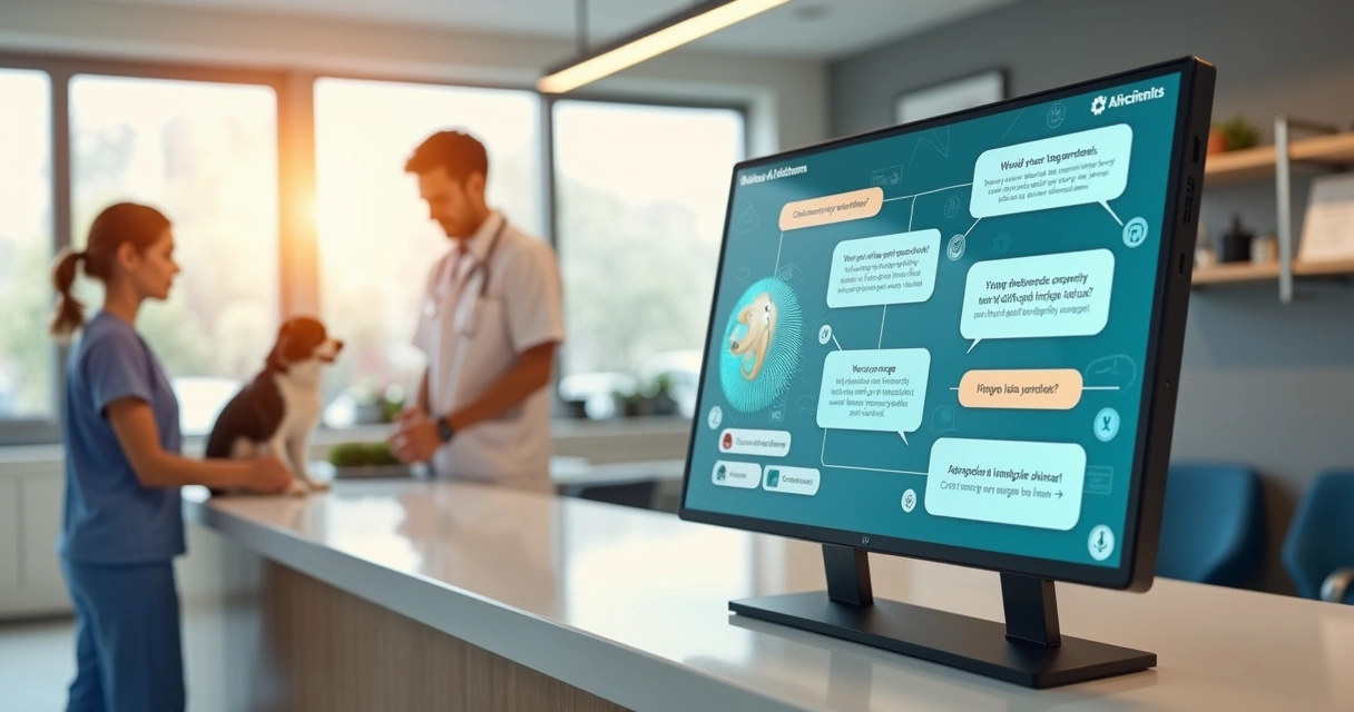 Assistente virtual de inteligência artificial em tela digital atendendo agendamento em clínica veterinária moderna 