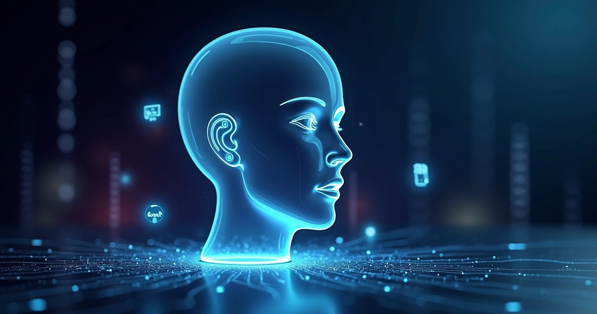 Assistente virtual digital representado por holograma de rosto humano em fundo tecnológico azul e roxo 