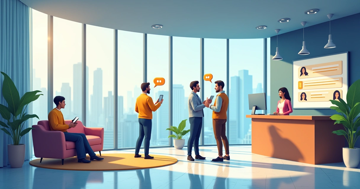 Assistente virtual interagindo com moradores do condomínio por dispositivos digitais 