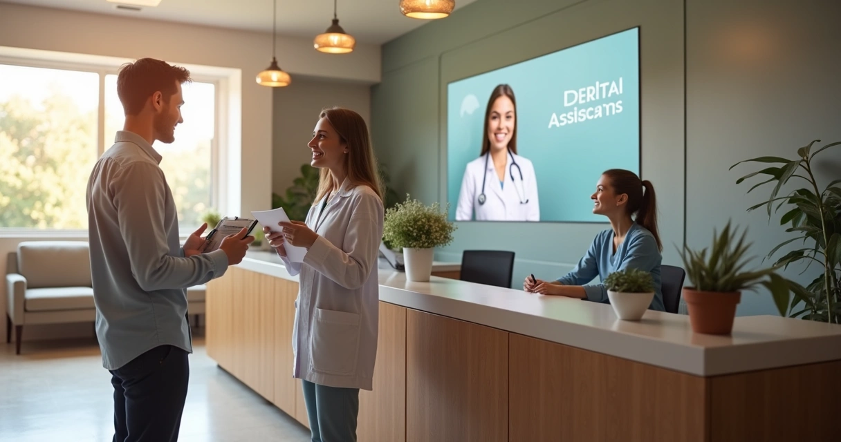 Assistente virtual atendendo paciente em consultório odontológico