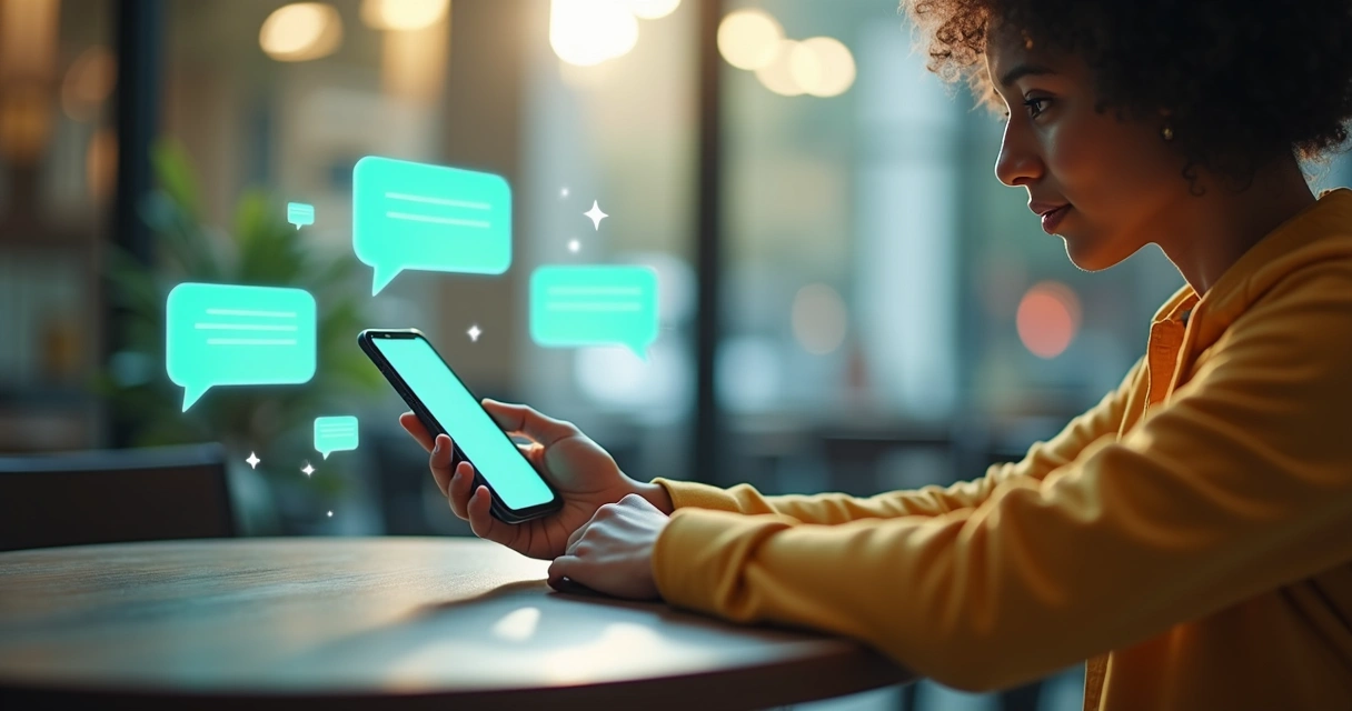 Pessoa digitando no smartphone com janelas virtuais de chat flutuando