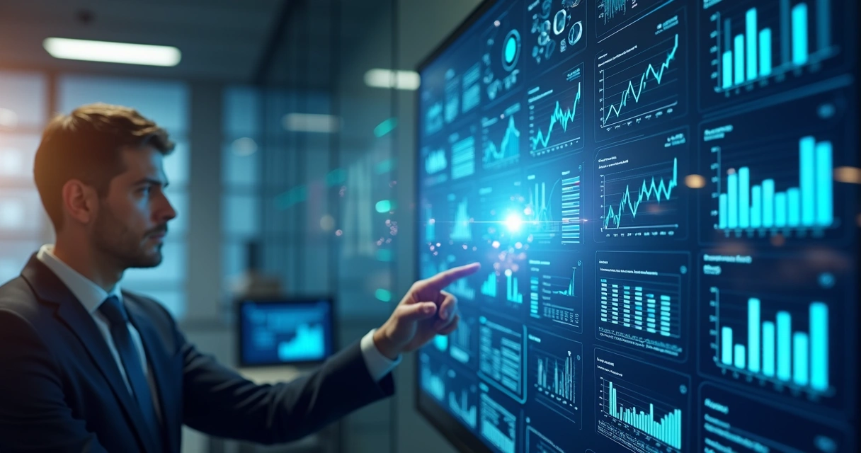 Painel digital com gráficos e assistente virtual exibindo análise de dados