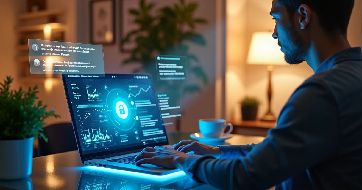 Assistente virtual DeepSeek em um ambiente de escritório moderno com interface tecnológica e elementos de conforto.