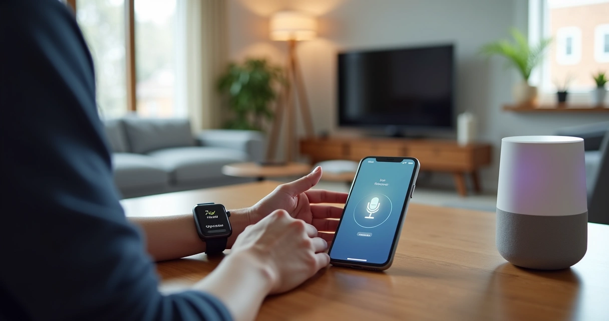 Pessoa usando assistente virtual em smartphone conectado a relógio e caixa de som inteligente 