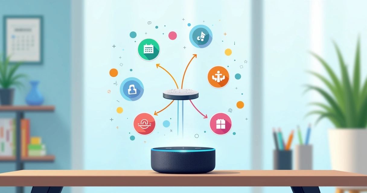 Assistente virtual Echo Dot em mesa com ícones de skills para rotina e produtividade ao redor 