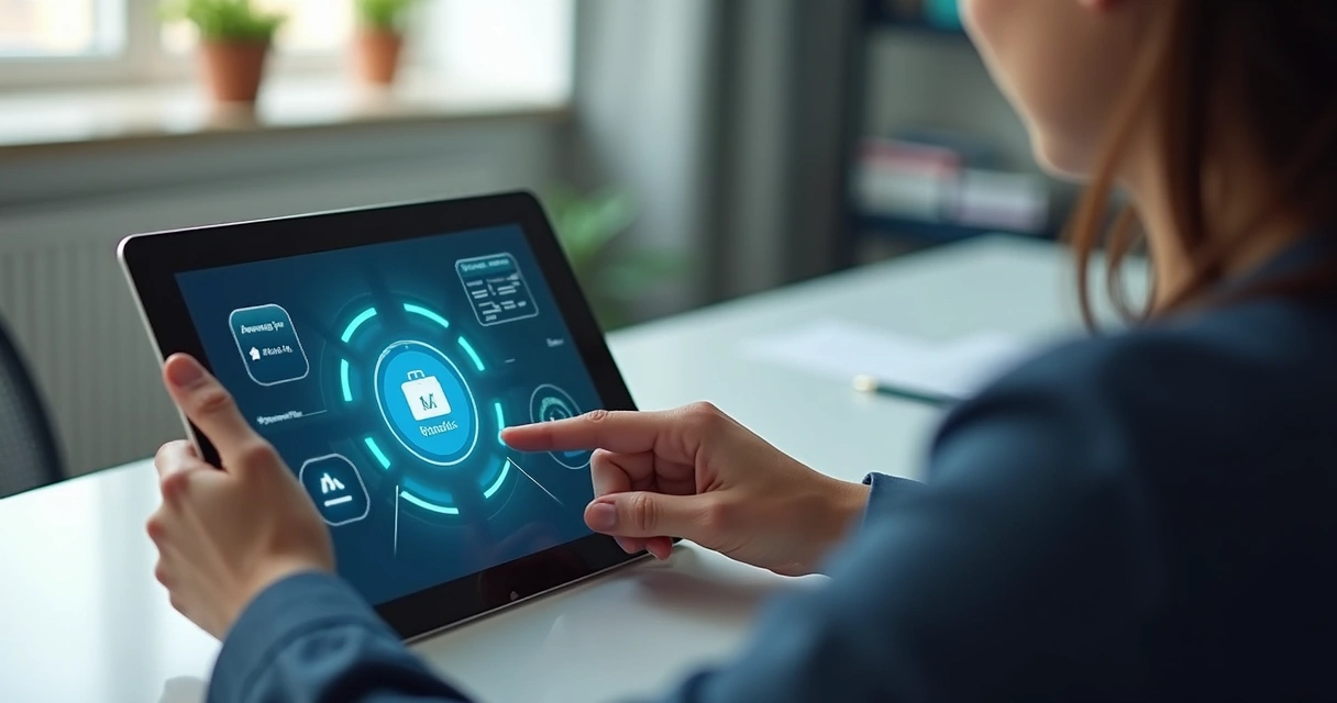 Assistente virtual inteligente na tela de tablet em ambiente de escritório 