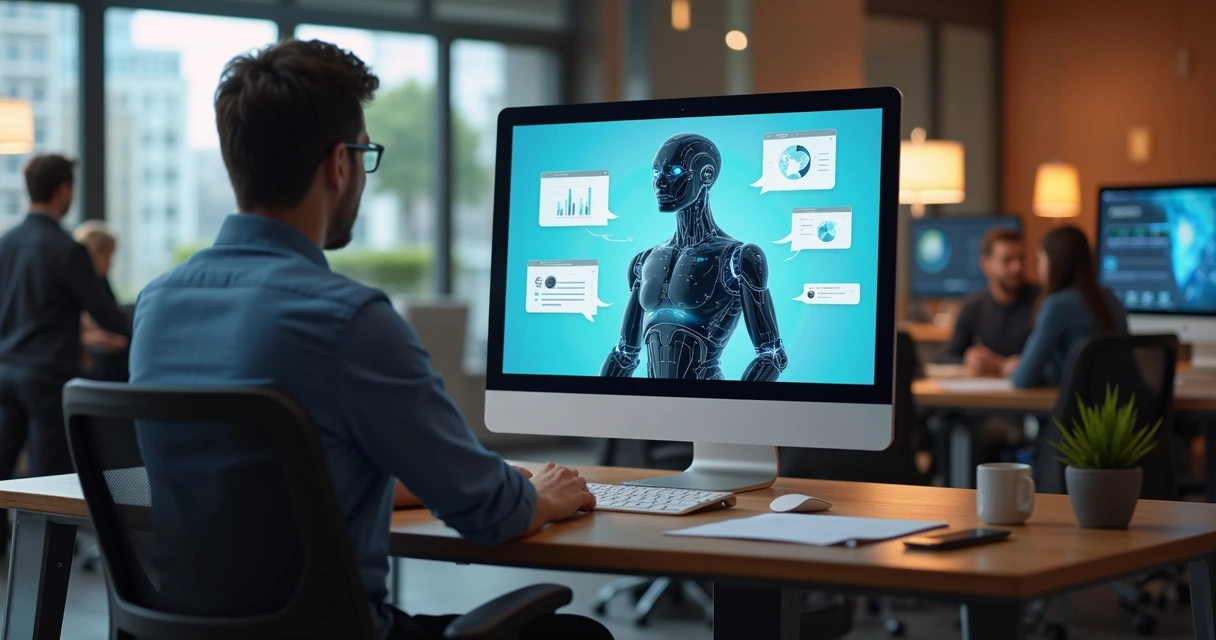 Assistente virtual atendendo cliente em computador corporativo 