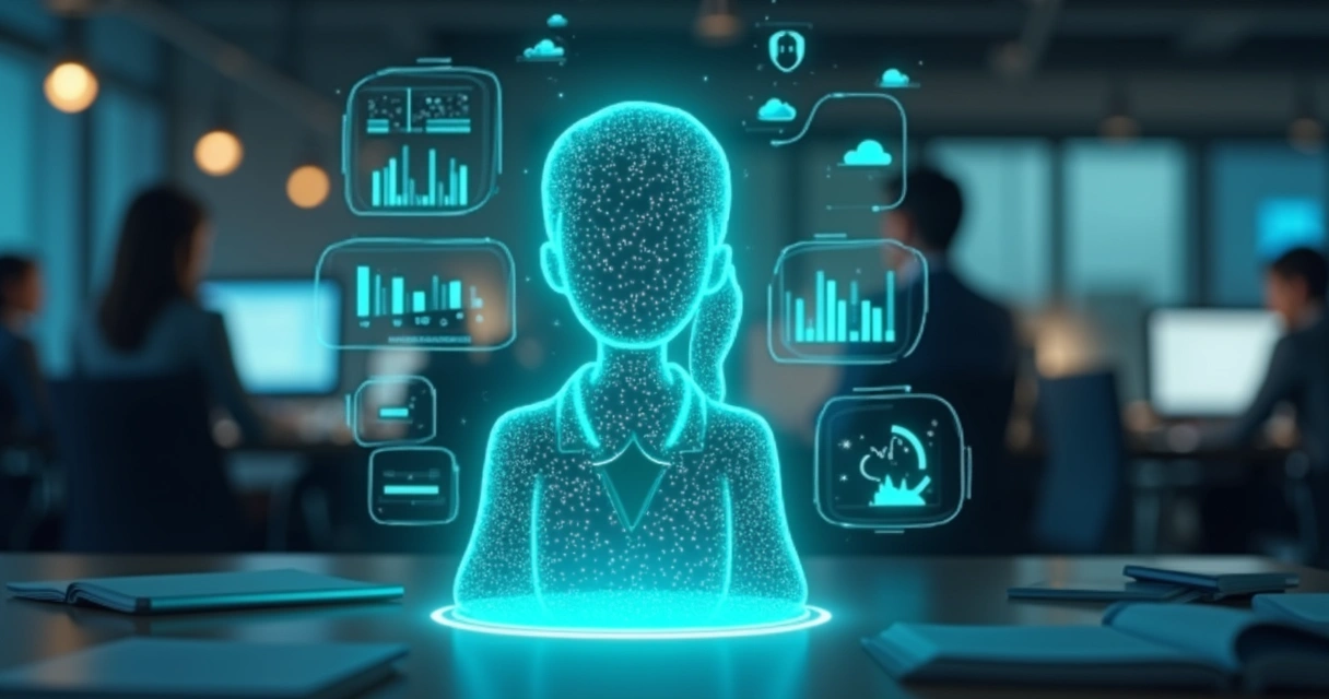 Ilustração de assistente virtual analisando dados em tempo real 
