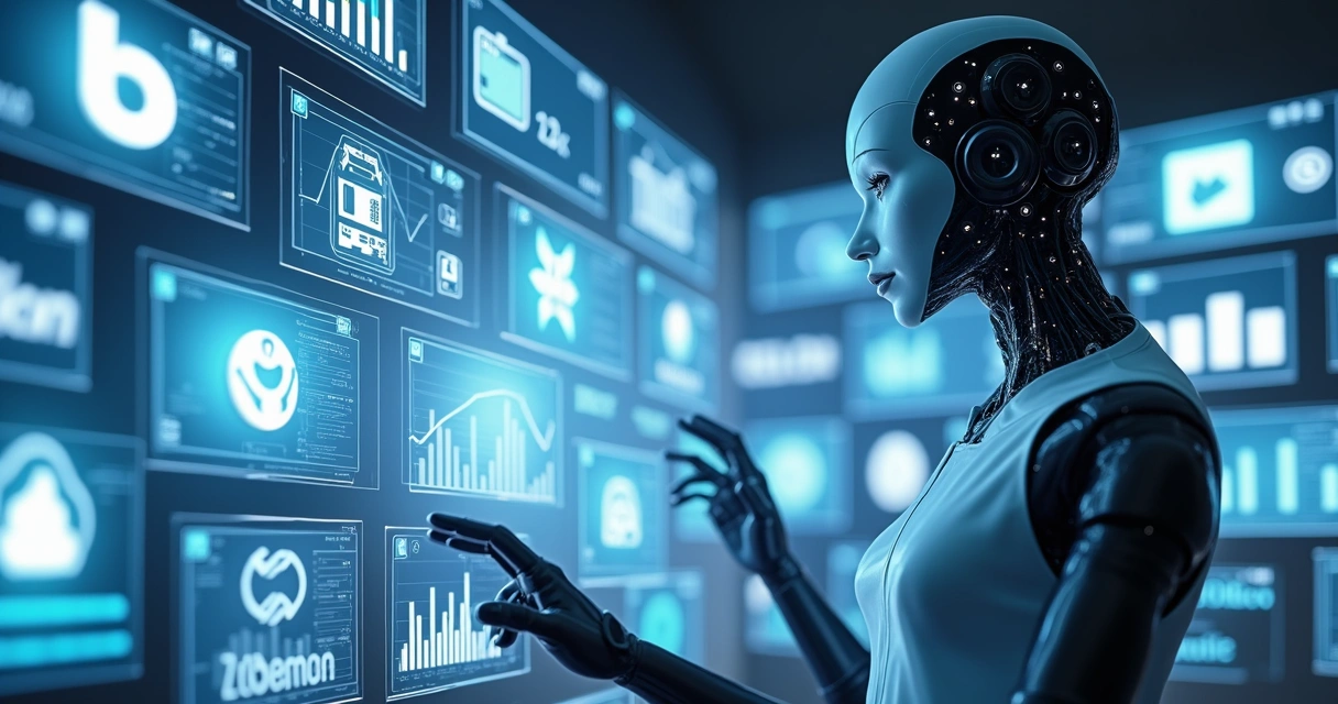 Ilustração de um assistente virtual analisando marcas em telas digitais e gráficos 