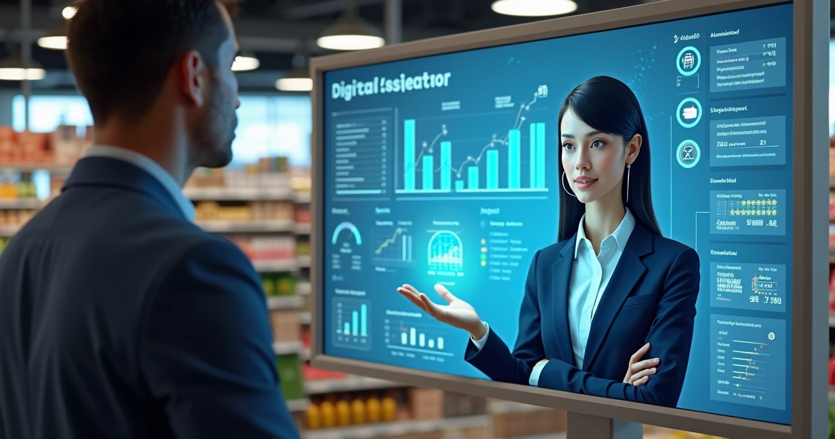 Assistente virtual de IA ajudando gestor de estoque em painel digital, cenário de supermercado moderno 
