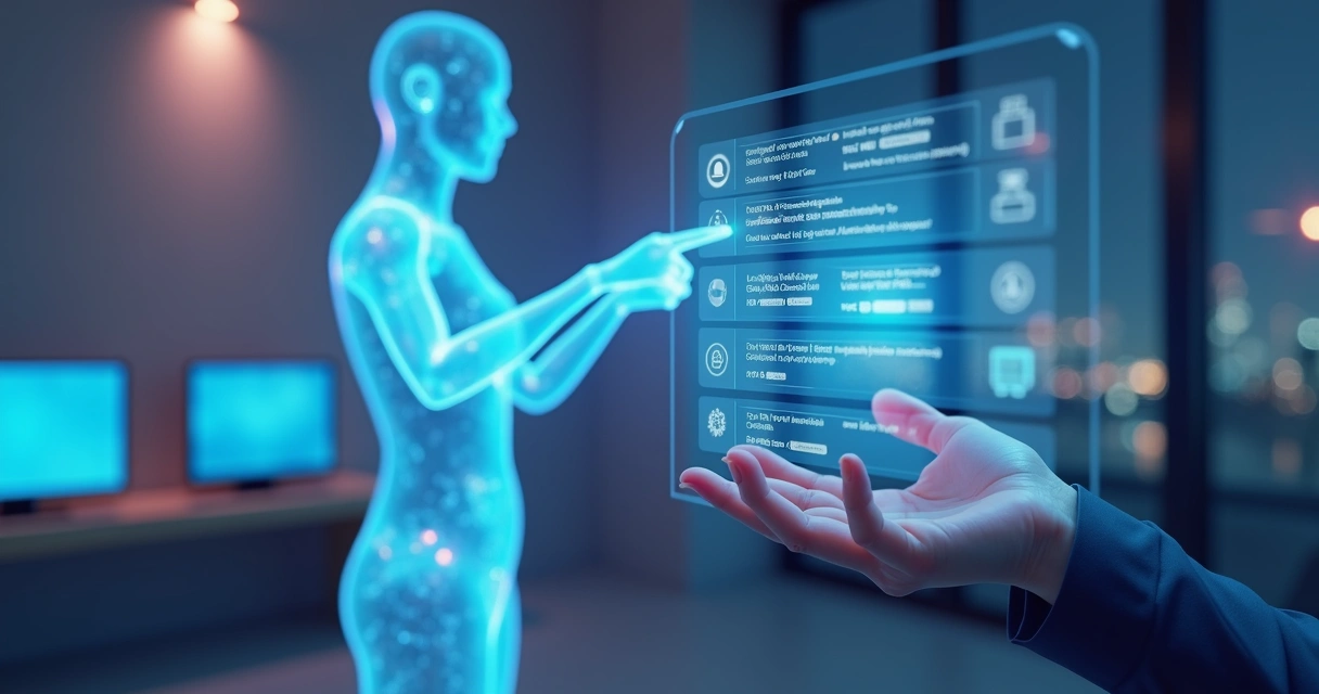 Assistente virtual mostrando respostas integradas em uma tela holográfica 