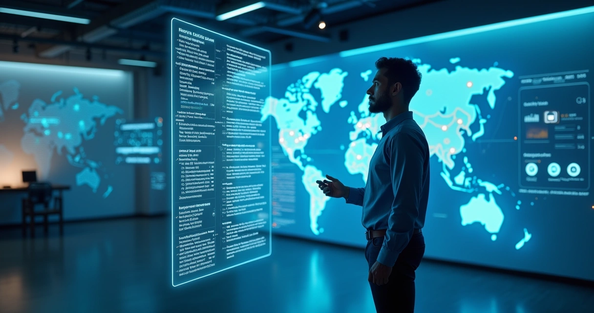 Interface holográfica do assistente virtual Gemini em um ambiente moderno com gráficos dinâmicos.