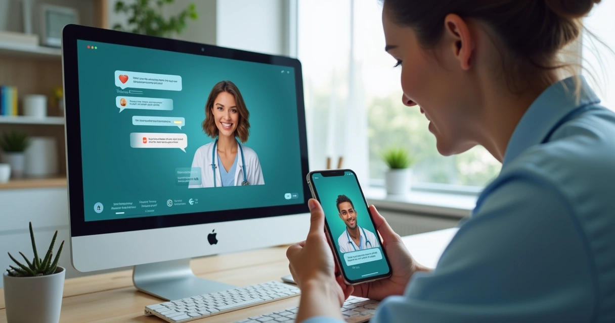 Atendente virtual de clínica médica com aparência realista ajudando paciente por chat, transmitindo empatia. 