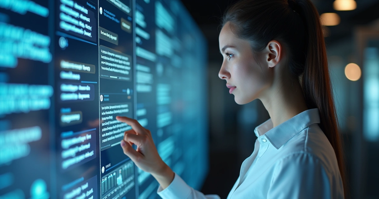 Assistente virtual com aparência humana interagindo em tela digital 