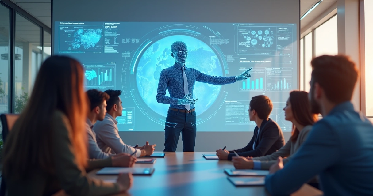 Assistente virtual de IA apresentando relatórios digitais em uma tela para equipe de marketing 