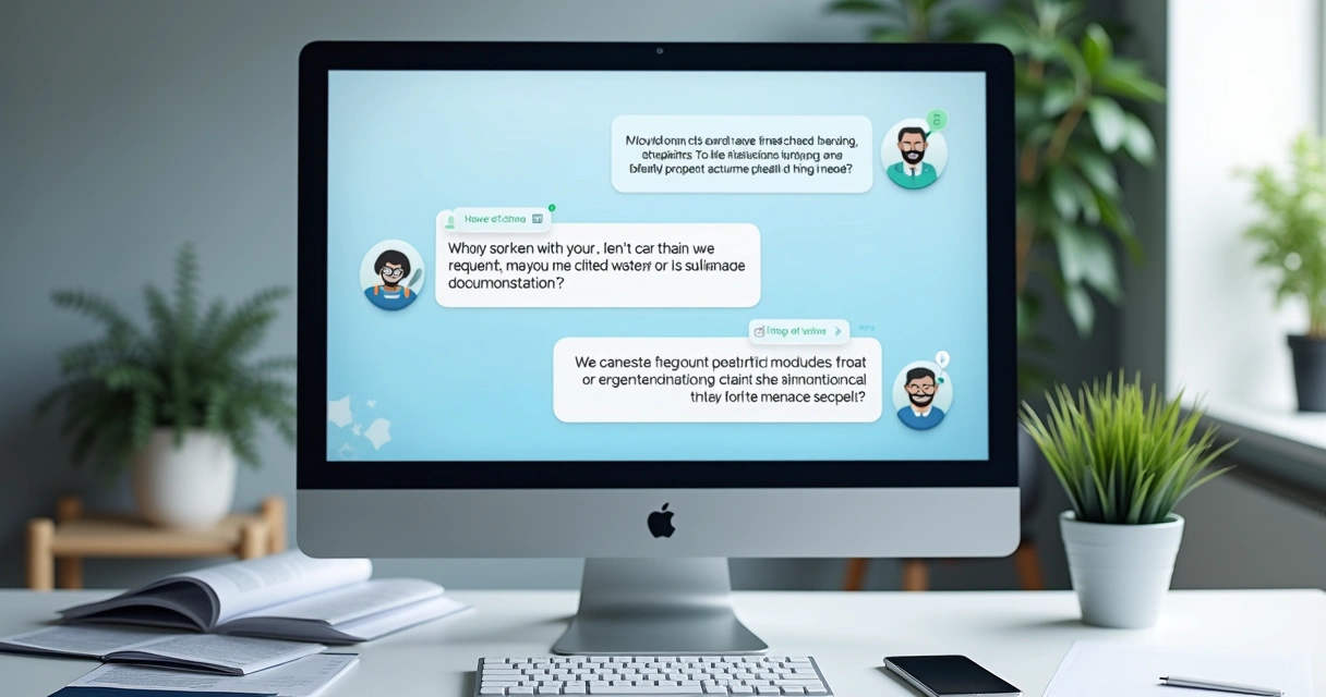 Chatbot de atendimento ajudando cliente em tela de computador. 
