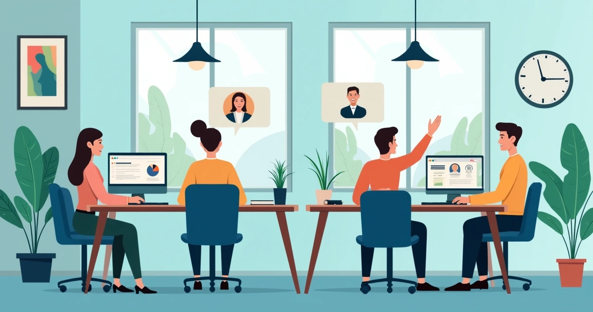 Equipe pequena em escritório recebendo apoio de assistente virtual no computador 