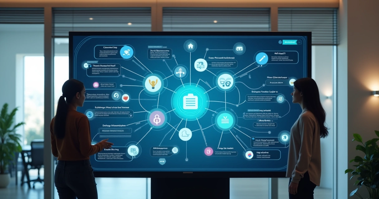 Assistente virtual exibe integrações para times em uma tela digital 