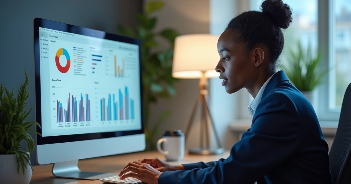 Pessoa usando assistente virtual no computador, com gráficos na tela 