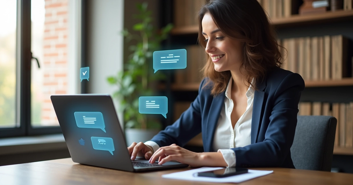 Conversa com assistente virtual jurídico em laptop moderno 