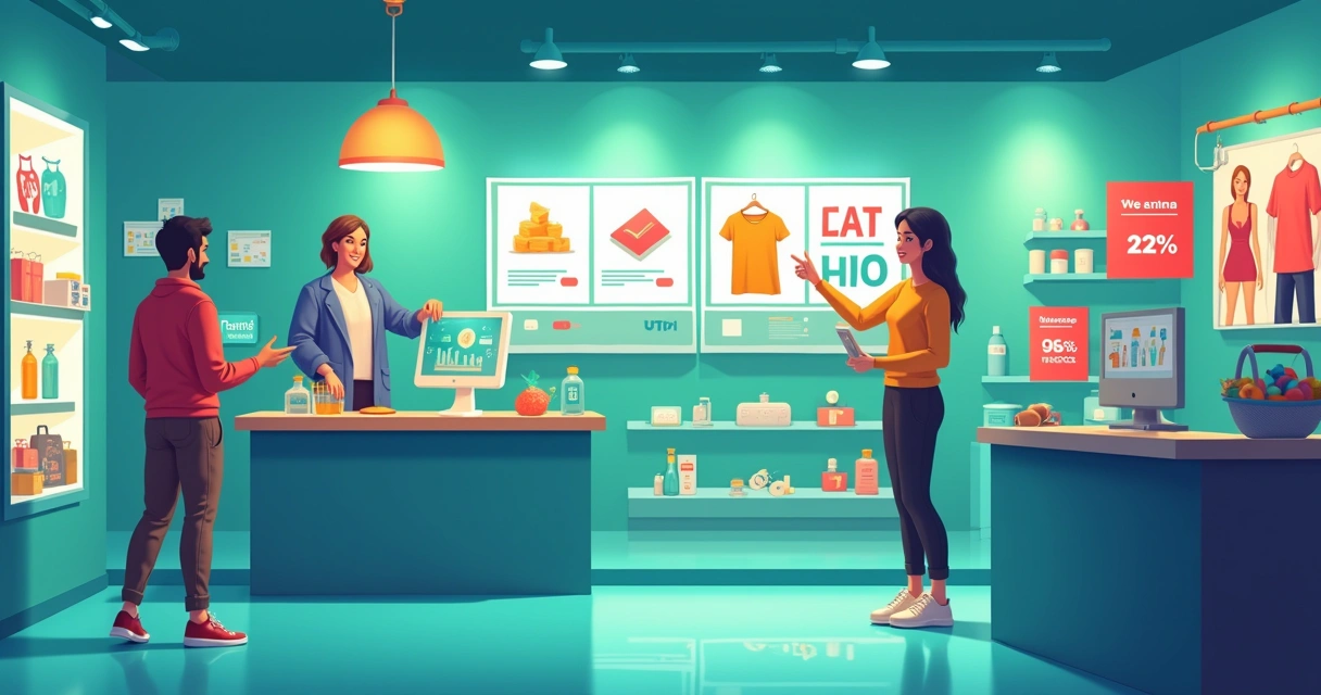 Assistente virtual em uma loja online sugere produtos a um cliente, com prateleira cheia de produtos digitais ao fundo.