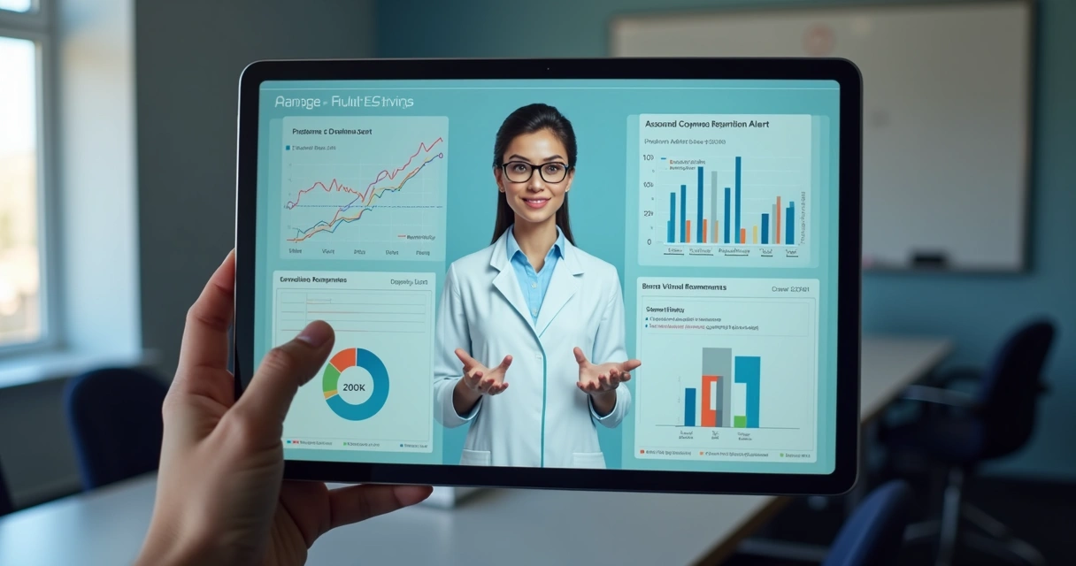 Assistente virtual de negócios em tela de tablet mostrando alertas de vencimento de produtos 