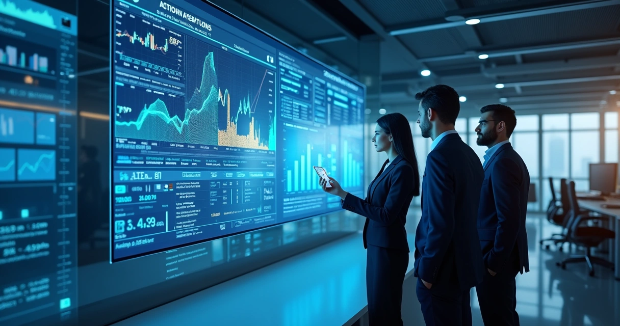 Assistente virtual auxiliando gestor em tela com gráficos dinâmicos 