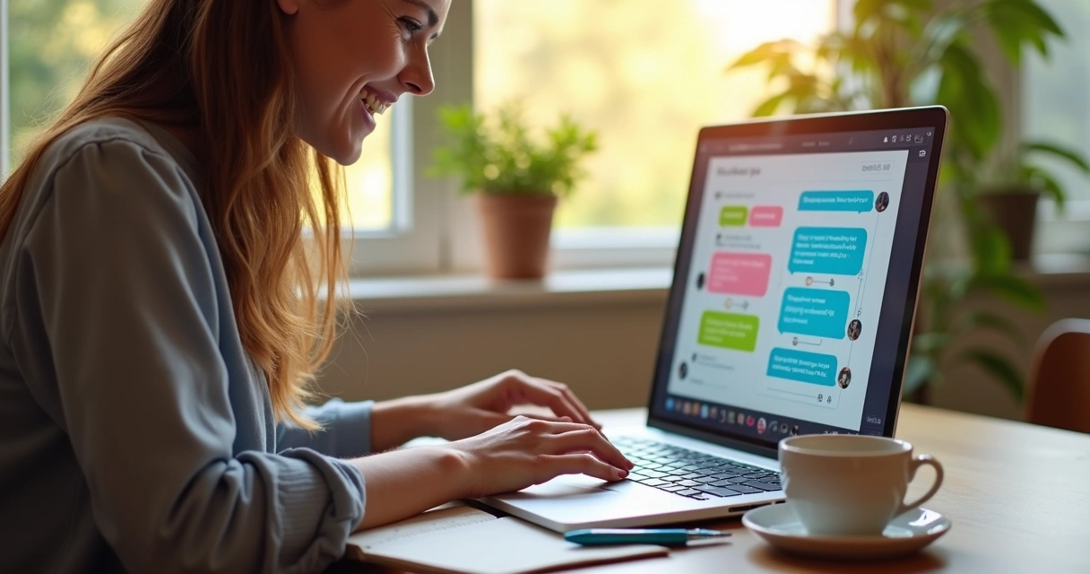 Mulher digitando em laptop enquanto conversa com assistente virtual na tela, interface visual colorida 