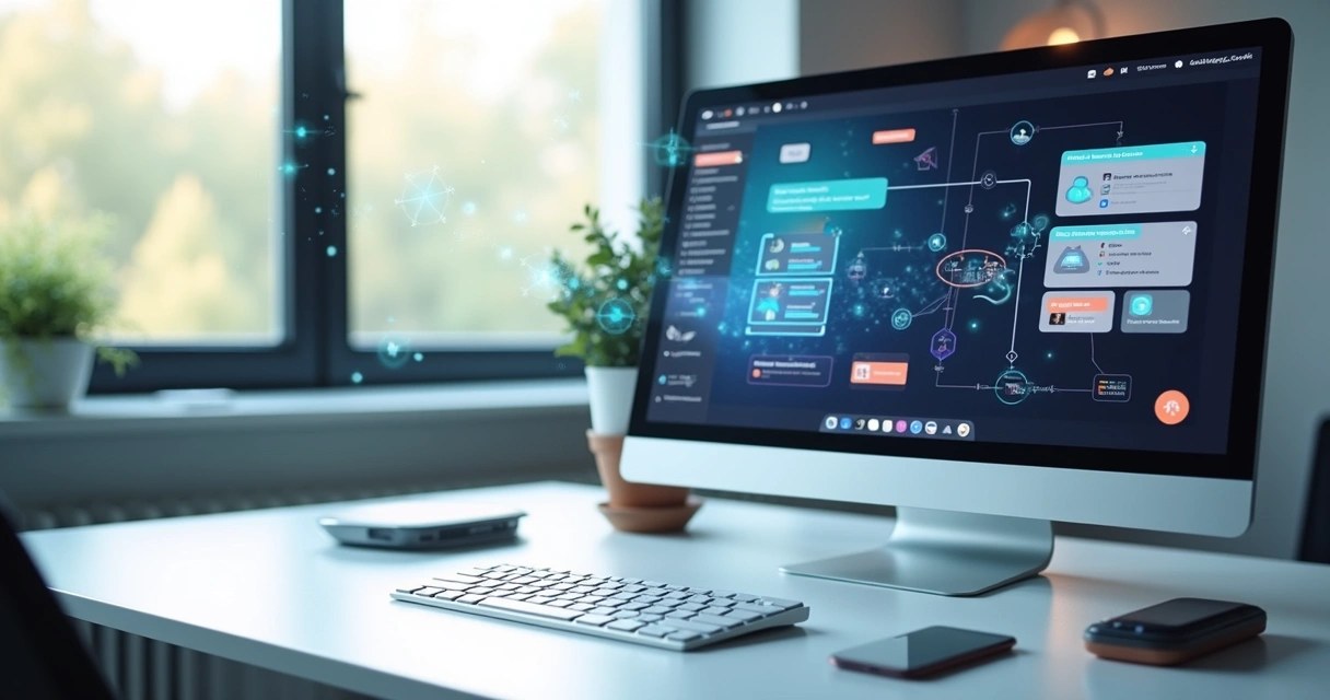 Computador moderno com tela exibindo interface de assistente virtual construído com ferramentas no-code, ambiente de trabalho tecnológico e minimalista com luz natural 