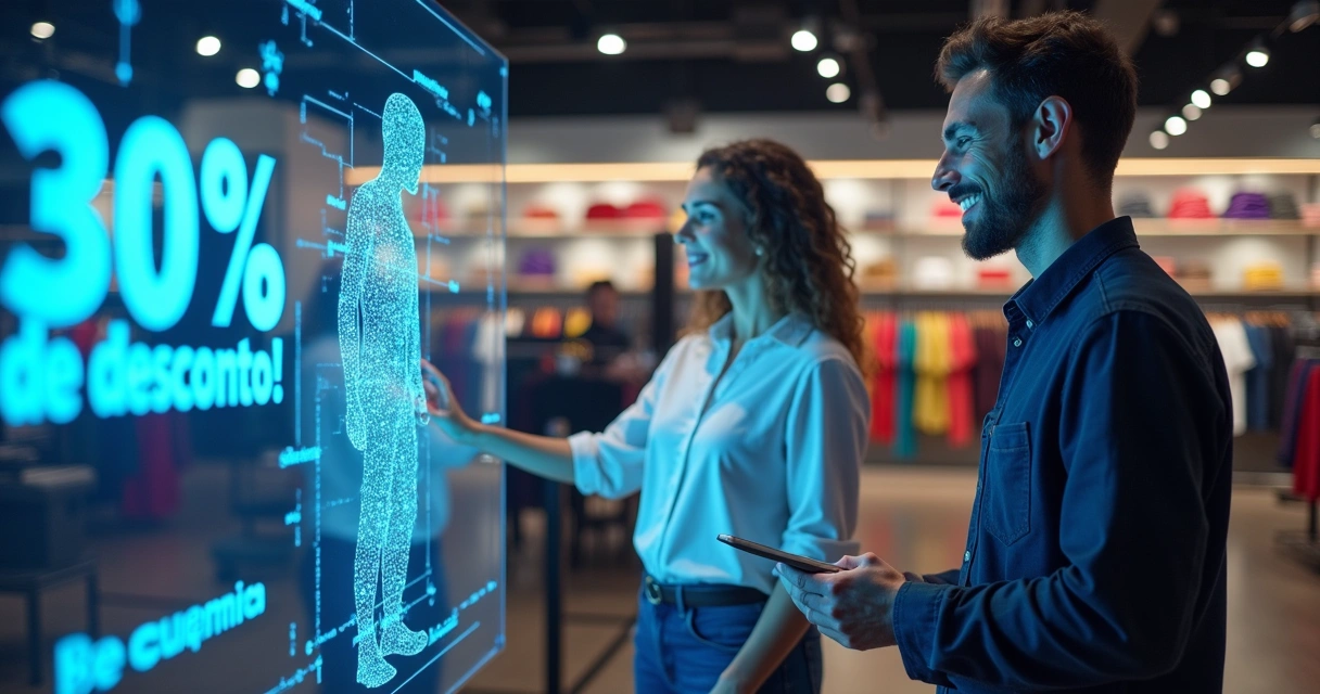 Assistente virtual de IA orienta clientes em loja moderna, destacando promoções e tecnologia avançada.