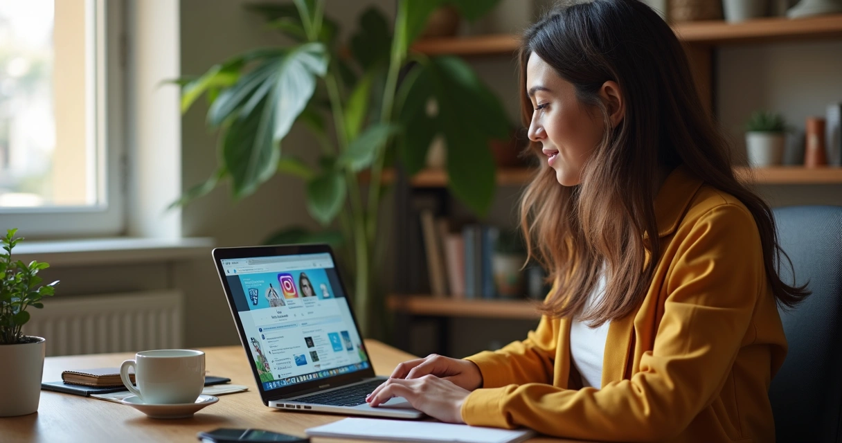 Assistente virtual gerenciando redes sociais em notebook 