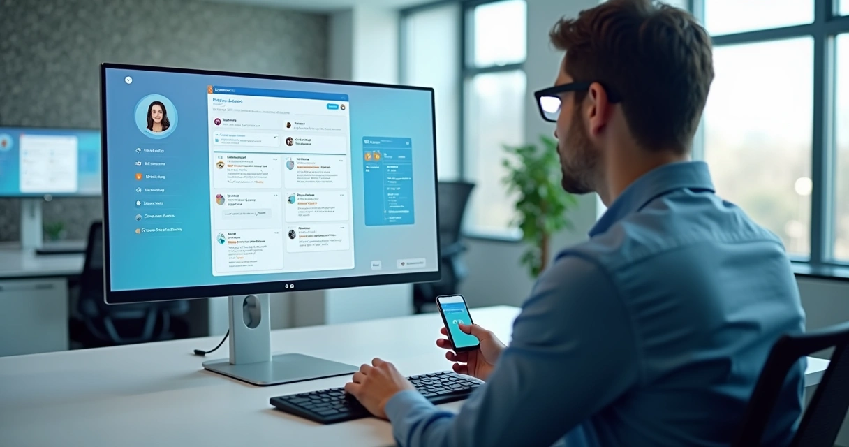 Pessoa solicitando tarefa para assistente virtual em ambiente tecnológico com tela de computador mostrando interface digital clara e organizada 
