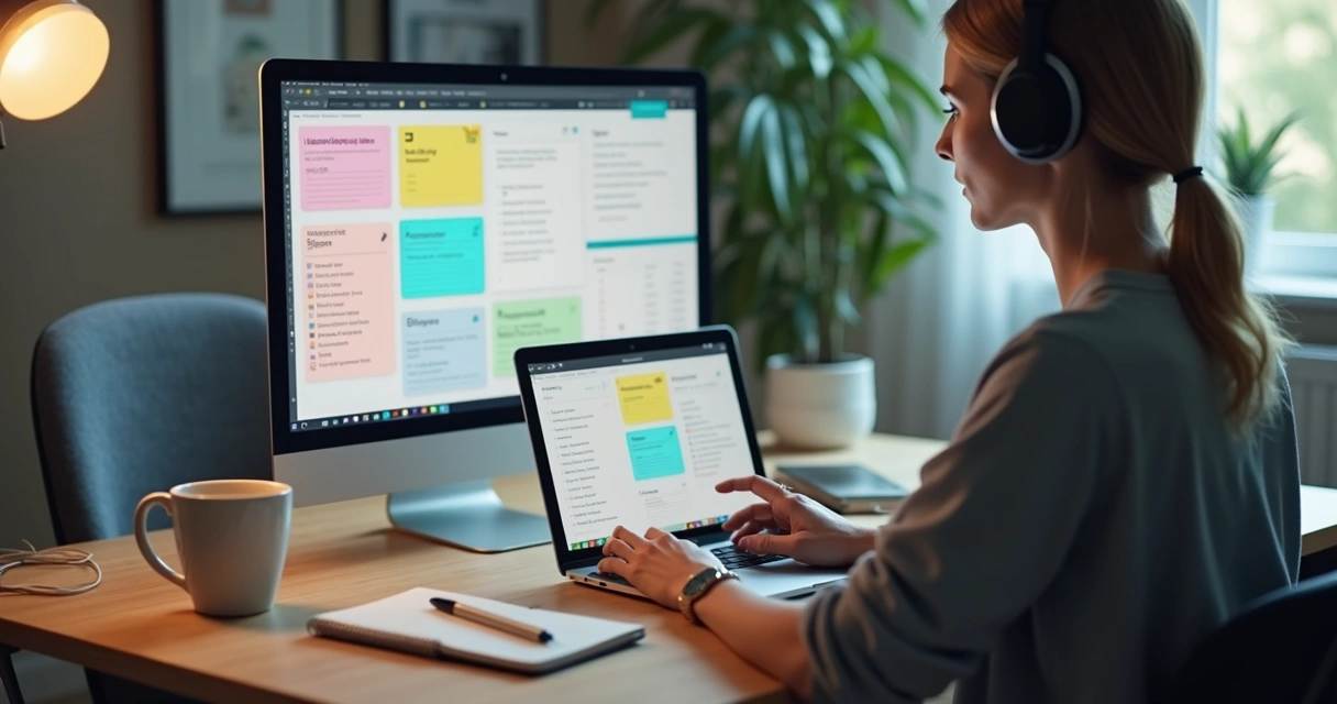 Pessoa trabalhando em notebook e tablet, com fones, notas virtuais na tela e xícara ao lado 