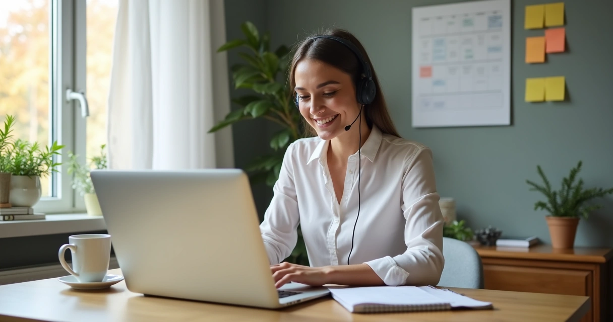 Mulher sorrindo trabalhando como assistente virtual em casa 
