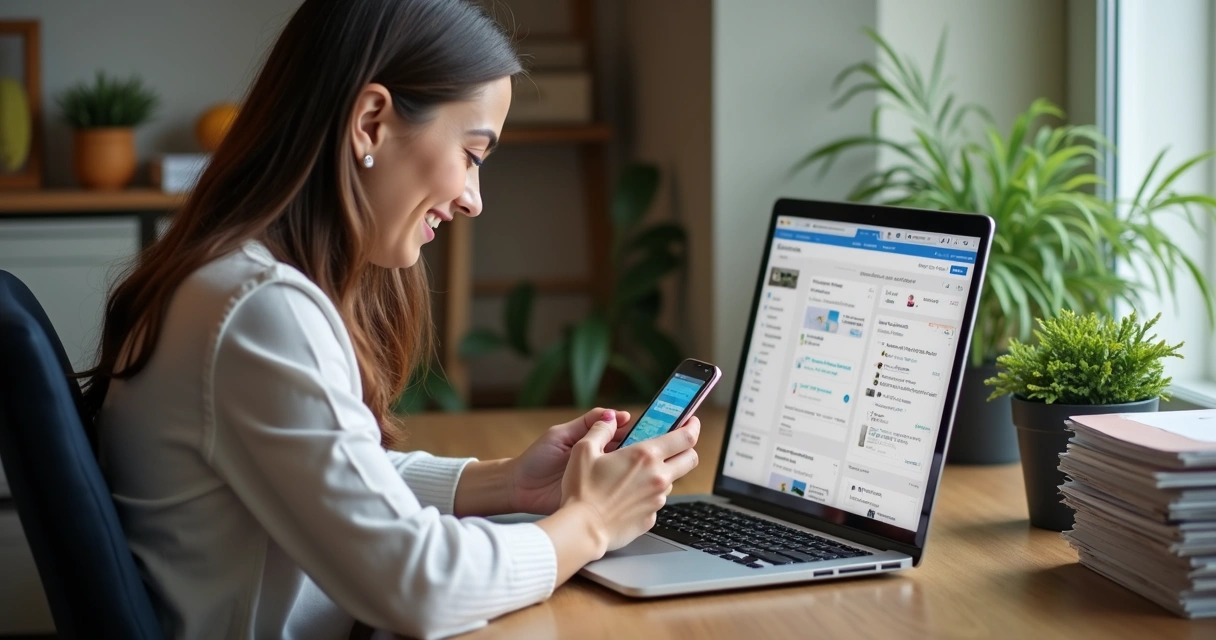 Mulher em celular, laptop aberto, gerenciando vendas online