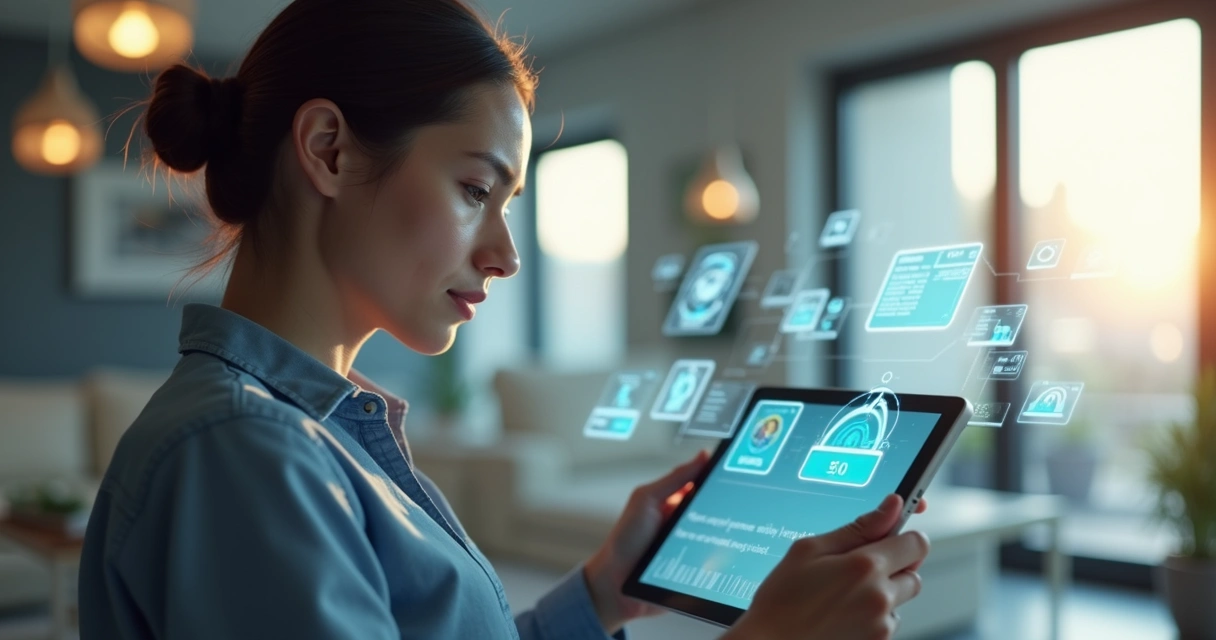 Usuário interagindo com assistente virtual IA na tela de tablet, elementos de dados flutuando 