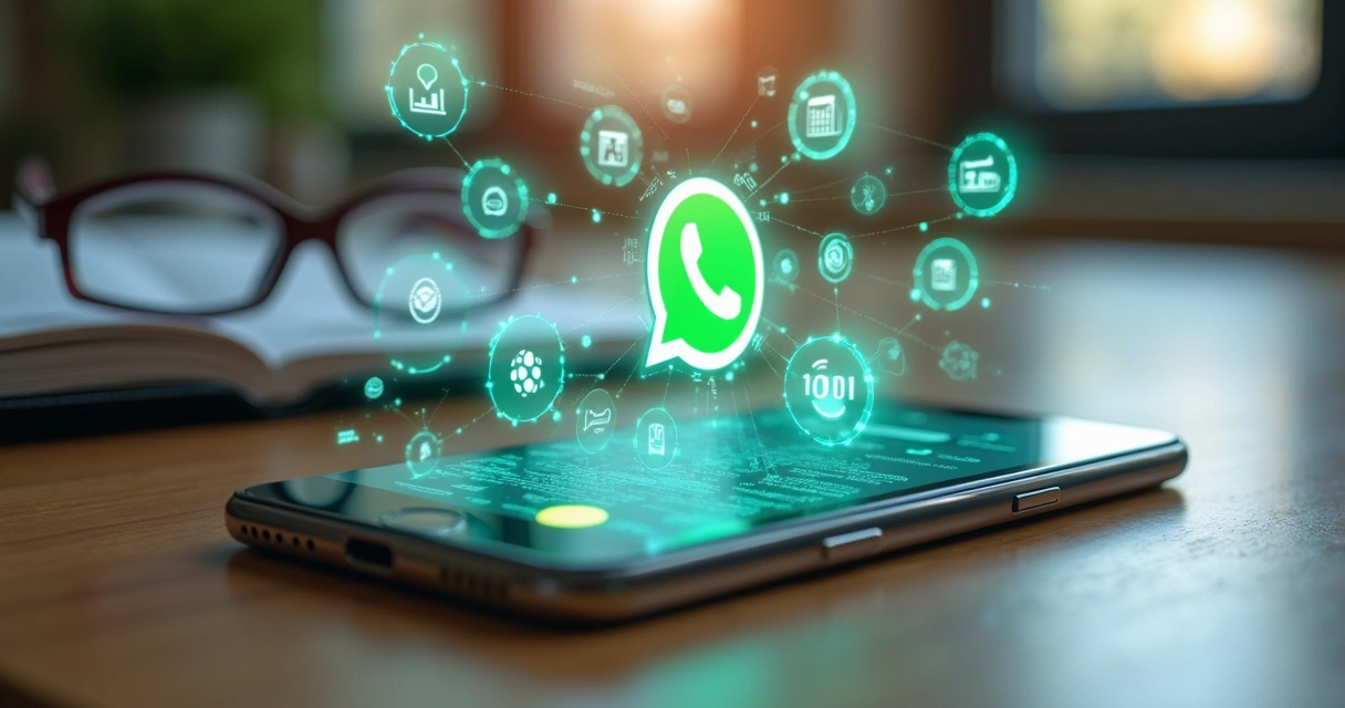 Interface de celular mostrando conversa automatizada de assistente virtual no WhatsApp com gráficos de vendas ao fundo