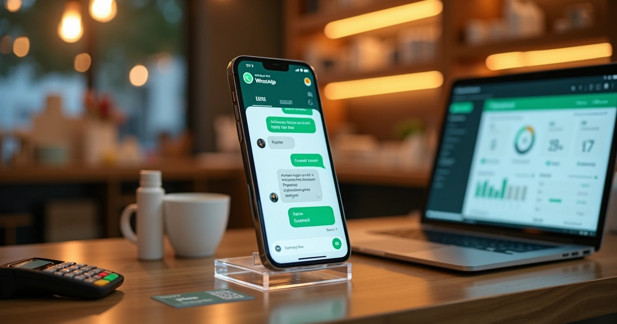 Celular exibindo assistente virtual no WhatsApp ao lado de bancada com produtos e notebook de gestão 