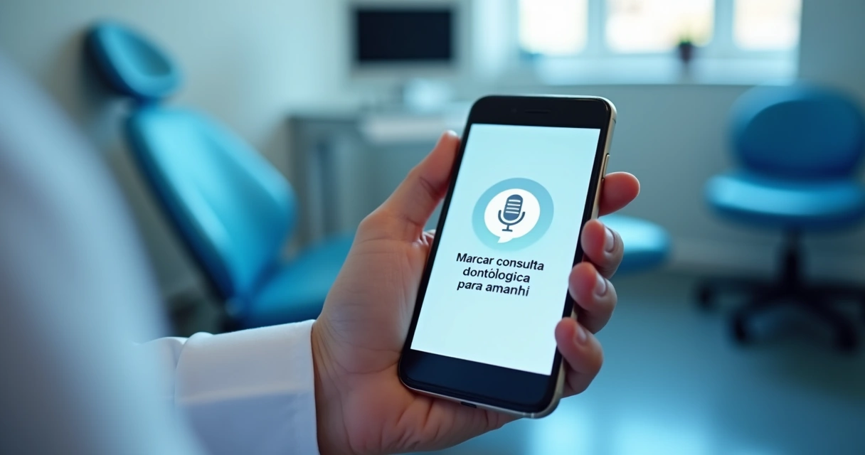 Pessoa utiliza assistente de voz em smartphone para agendar consulta odontológica, com interface digital ilustrando o processo. 