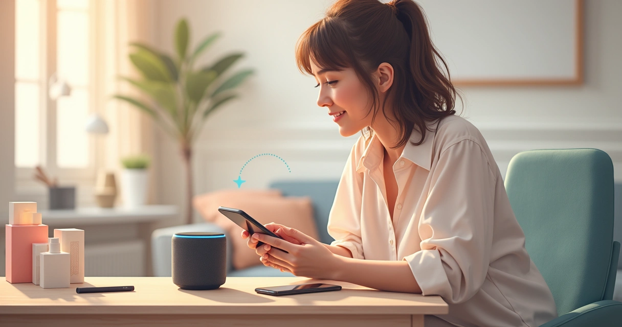 Mulher usando assistente de voz para compras online