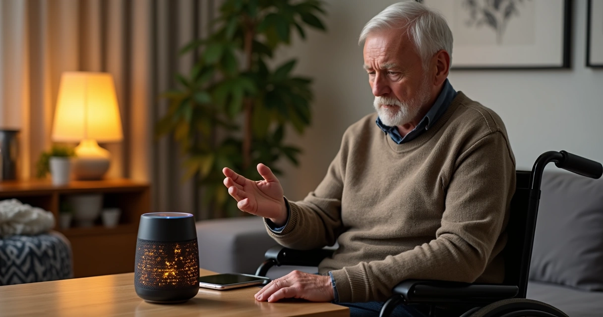 Pessoa utilizando assistente de voz em casa com um dispositivo inteligente