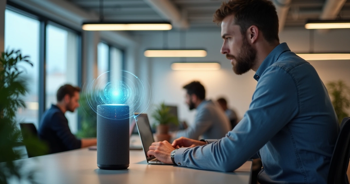 Homem falando com assistente de voz em ambiente de escritório moderno 