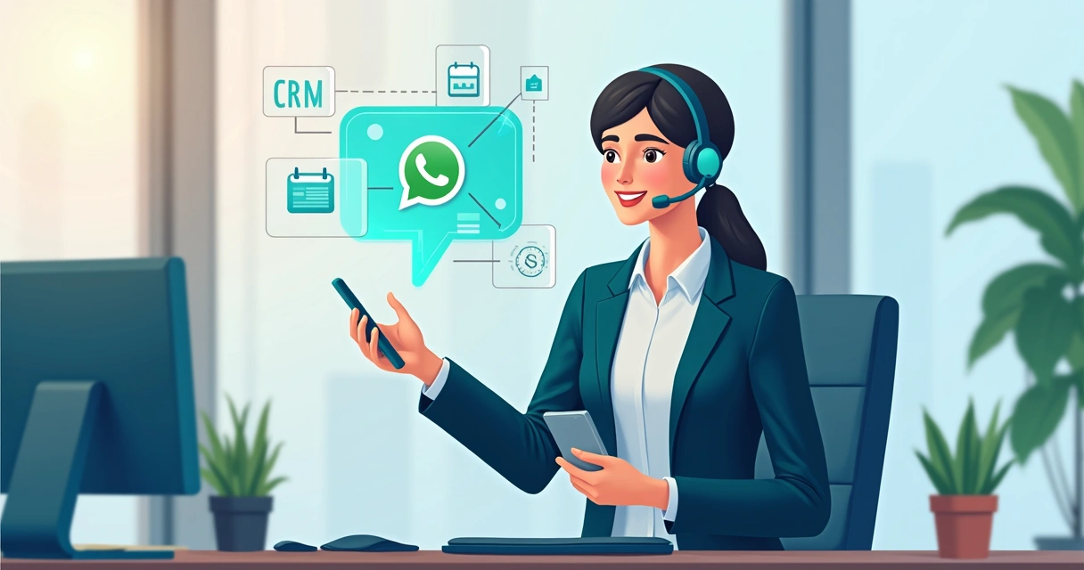 Ilustração de um assistente virtual com smartphone ajudando um cliente em uma empresa 