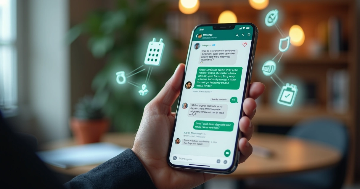Tela de smartphone exibindo conversa automatizada de assistente WhatsApp com ícones de agendamento e mensagens 