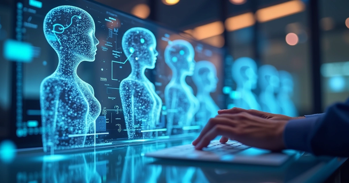 Vários assistentes digitais interagindo em uma tela futurista com gráficos e conexões 