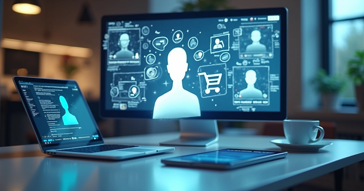 Assistentes virtuais respondendo dúvidas de clientes em telas de loja online 